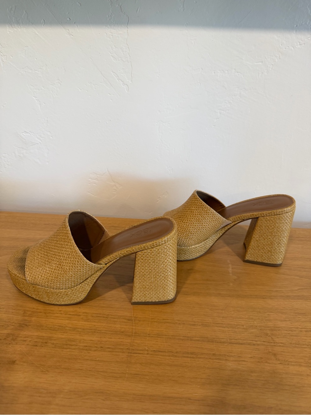 Raffia Platform Mule Heels in Natural Tan